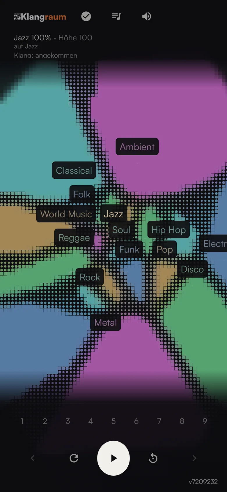 The zoomed-out map: all 19 genres as colour fields of dots, from Ambient and Classical to Metal and Disco