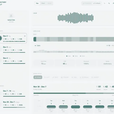 Auditory Self prototype: a dashboard of daily heart rate, HRV and movement data next to a waveform labelled Calm