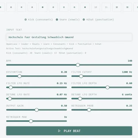 Rule-based prototype turning the text "Hochschule fuer Gestaltung Schwaebisch Gmuend" into a drum beat, with sliders for BPM, distortion and filters