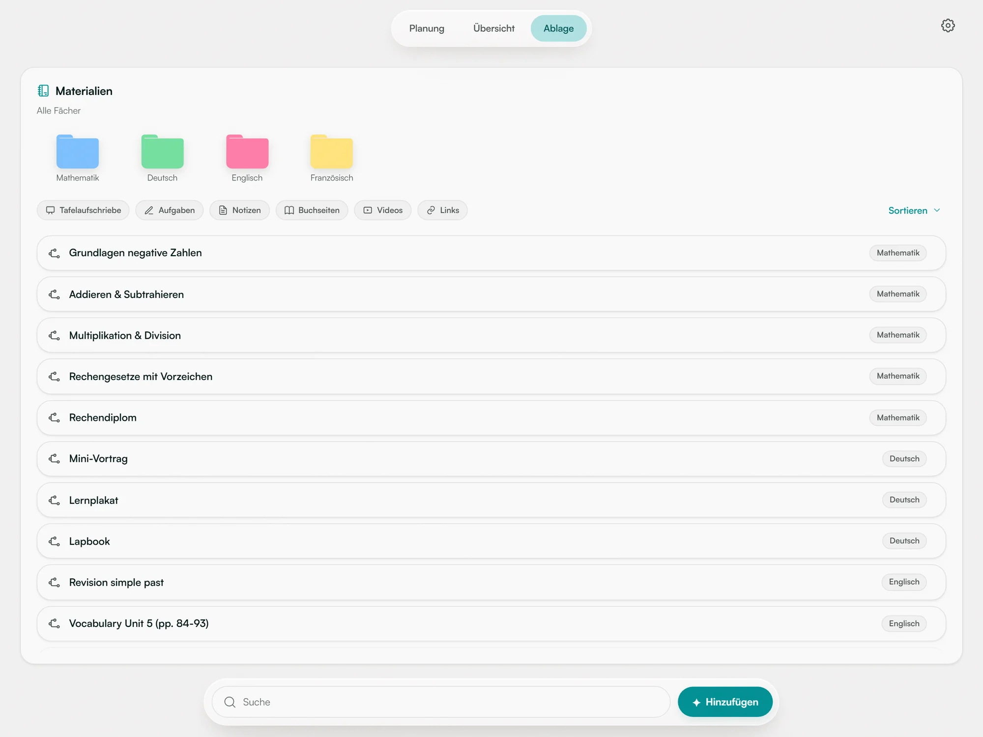 Materials view: subject folders, a learning path opened like a folder with its documents, and a number-line exercise next to it