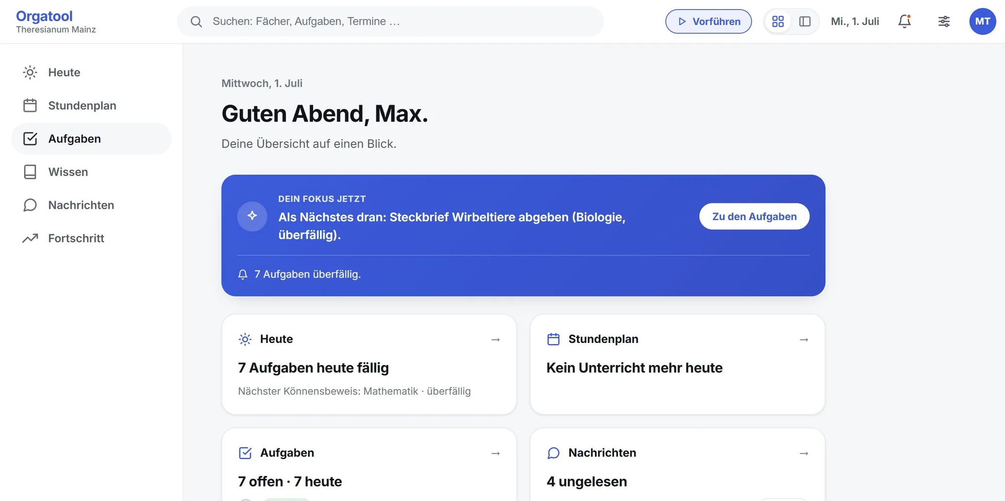 Early version called Orgatool: a sidebar with Today, Timetable, Tasks, Knowledge and Messages, and a blue card naming the next task