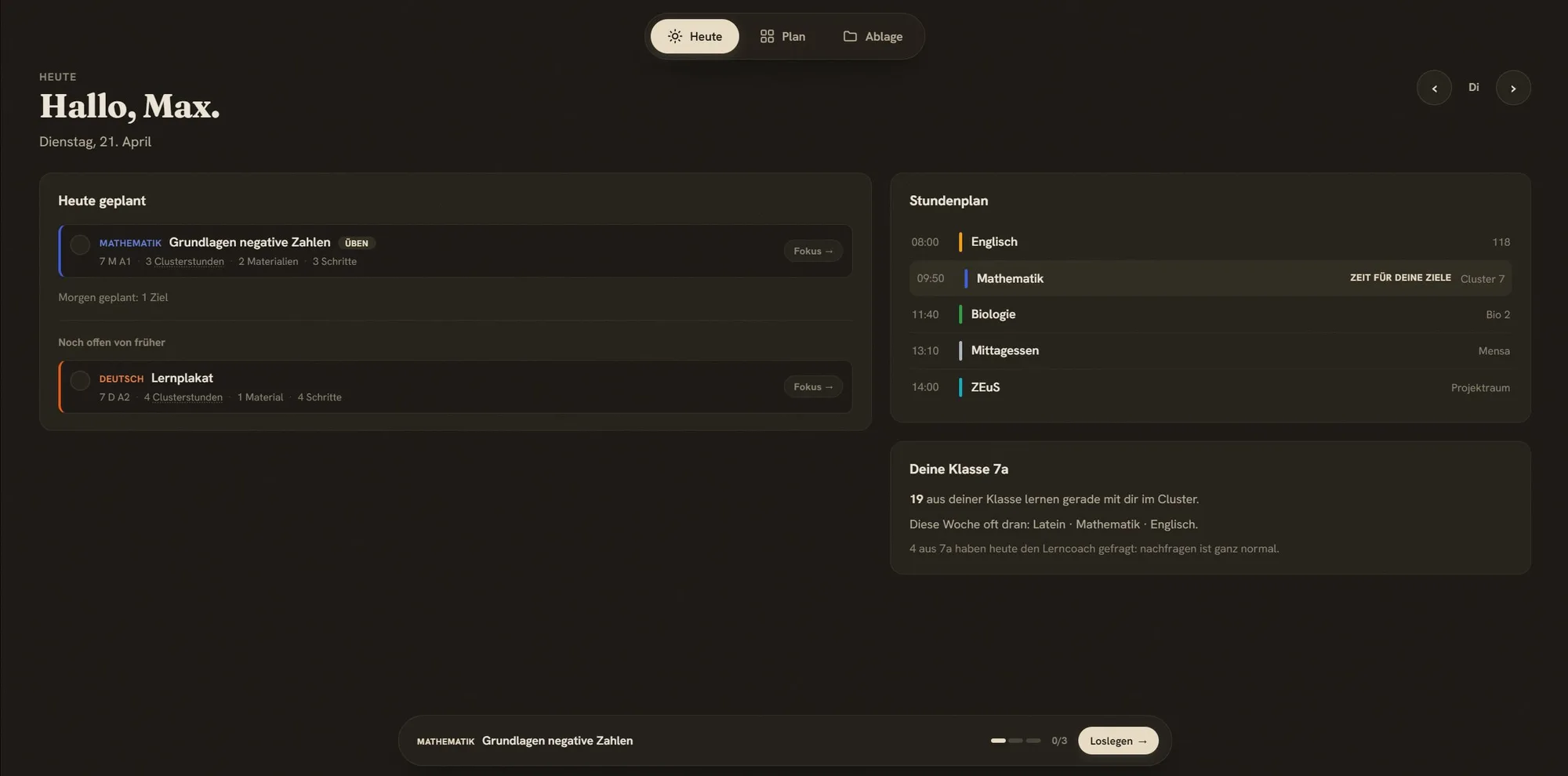 Second version in a dark interface: today's planned learning paths next to the timetable