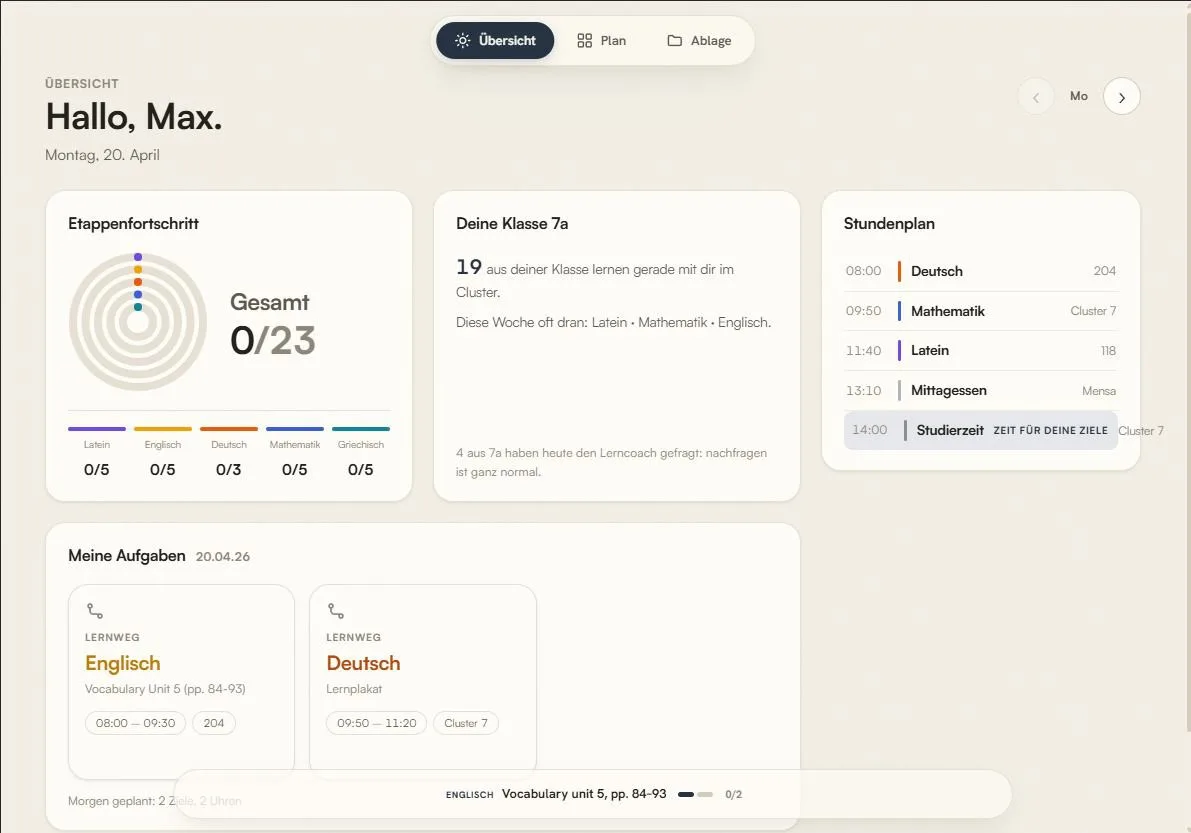 Third version on a light background: stage progress as rings, class information and the timetable