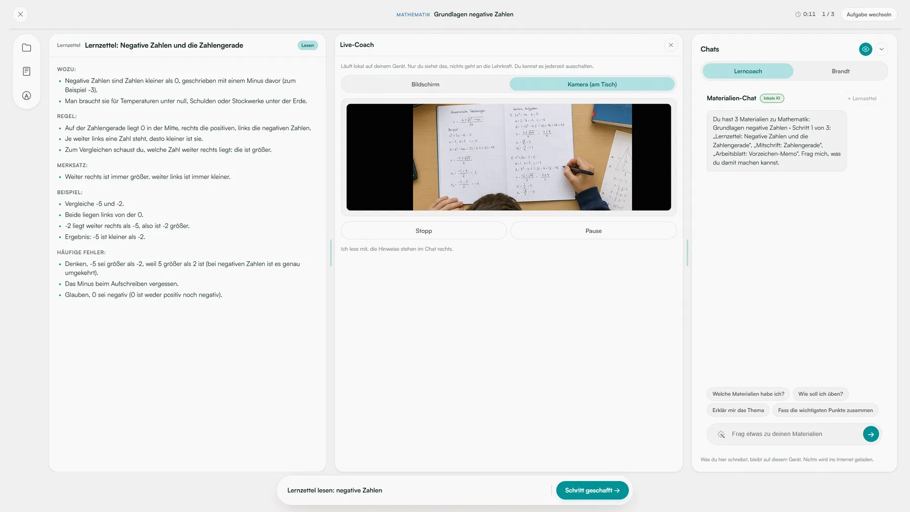 Live coach view: a camera image of a student writing in a notebook, next to the worksheet and the chat