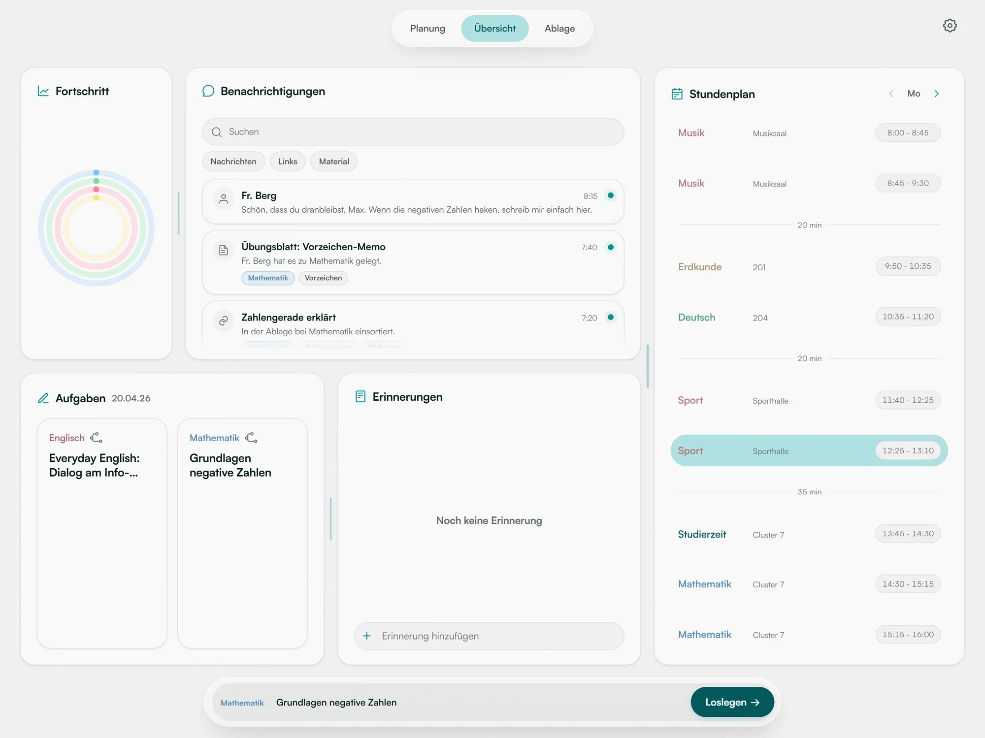orca overview: a progress ring, notifications, open tasks and the day's timetable in one screen
