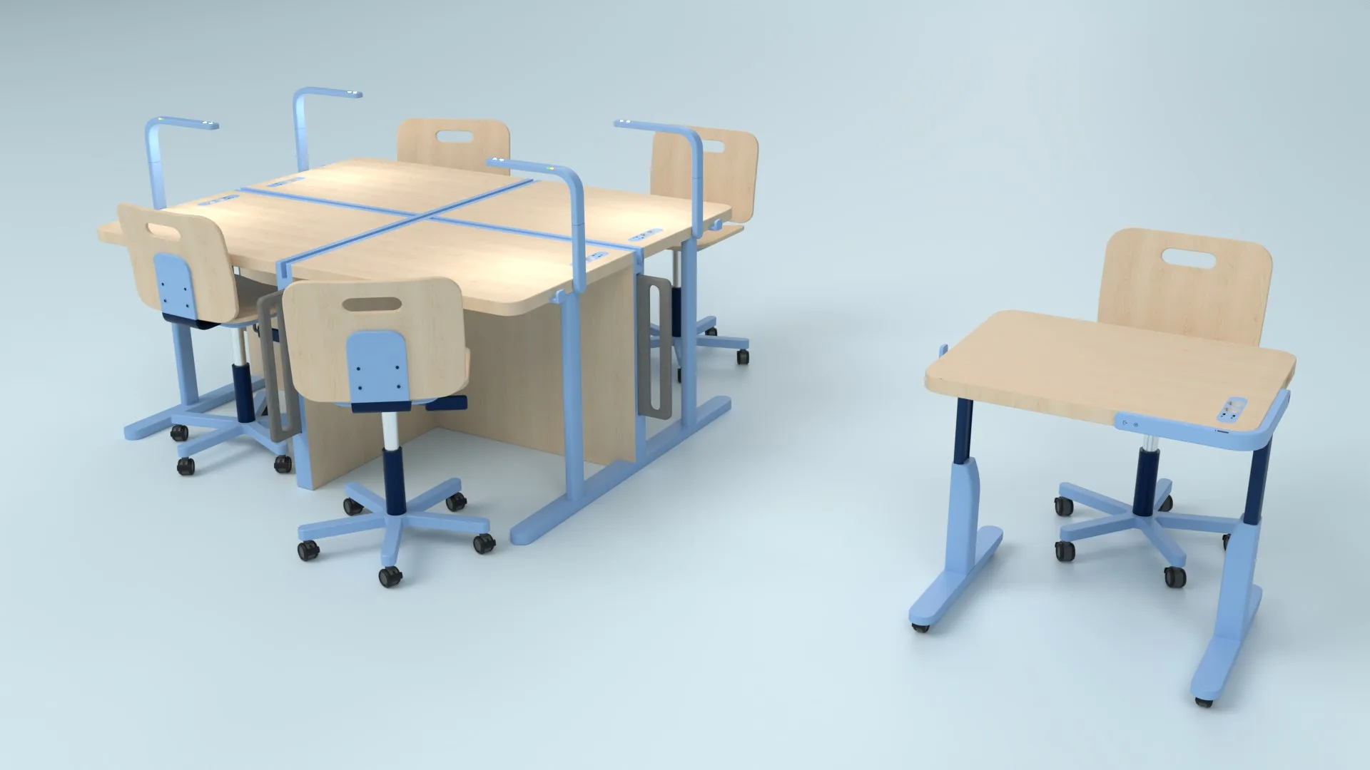 Rendering of the furniture family: echo island with four desks and chairs on the left, echo flow with echo seat on the right
