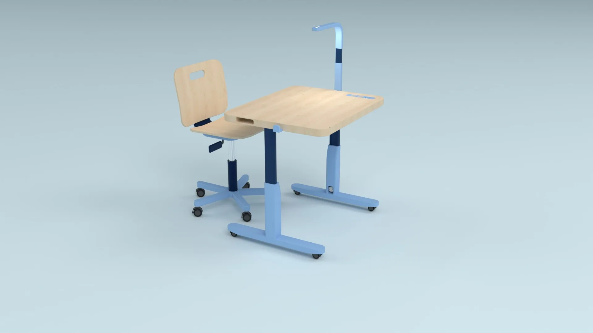 echo flow with echo seat: a single desk on castors with a lamp arm, next to a wooden swivel chair