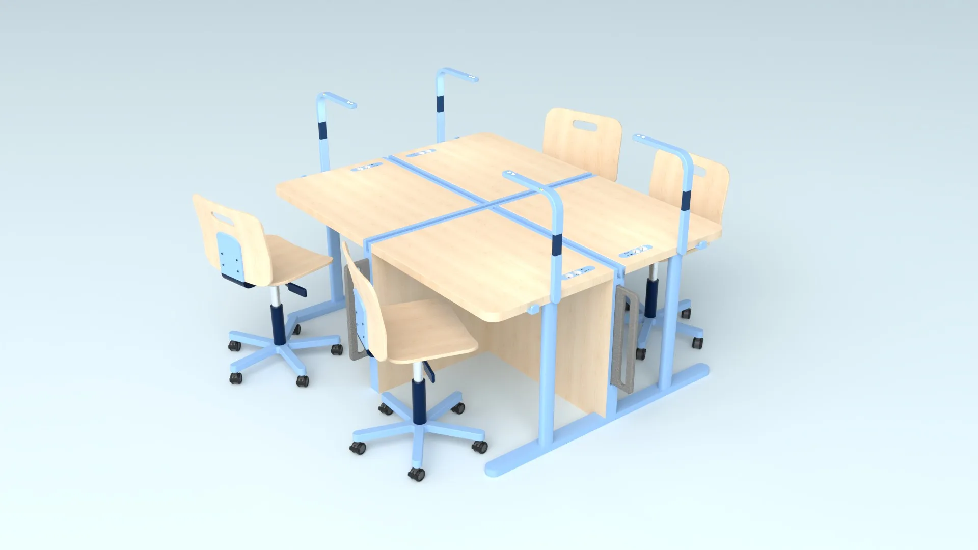echo island without dividers: four desks joined into one surface, four chairs around it