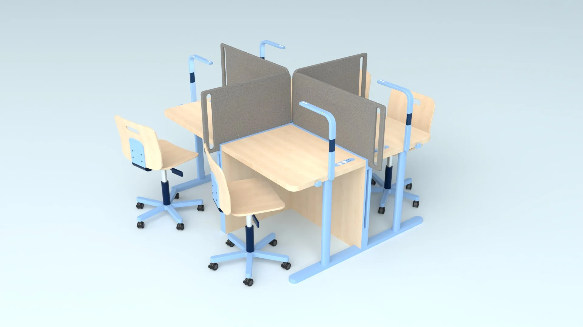 echo island with the four grey dividers raised between the desks