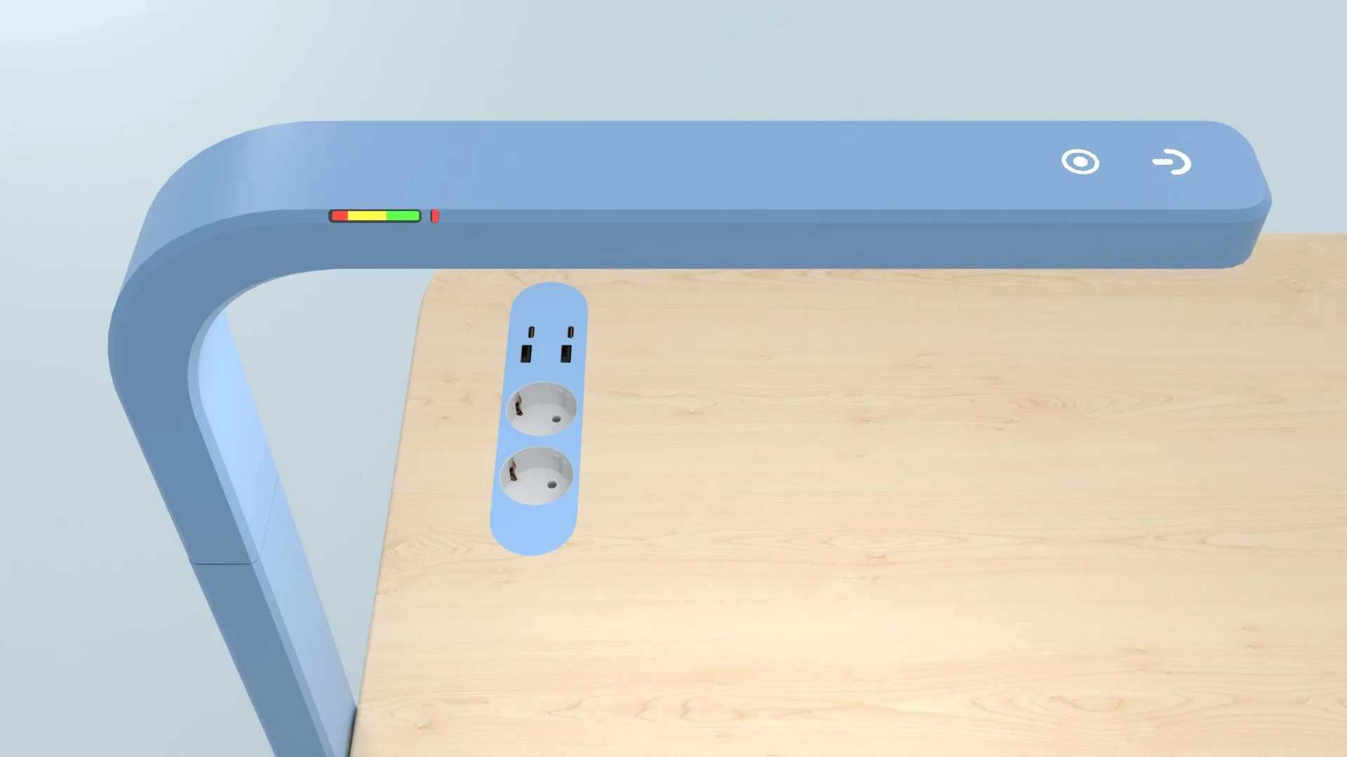 Lamp arm seen from above with a small light strip in red, yellow and green, and two touch symbols