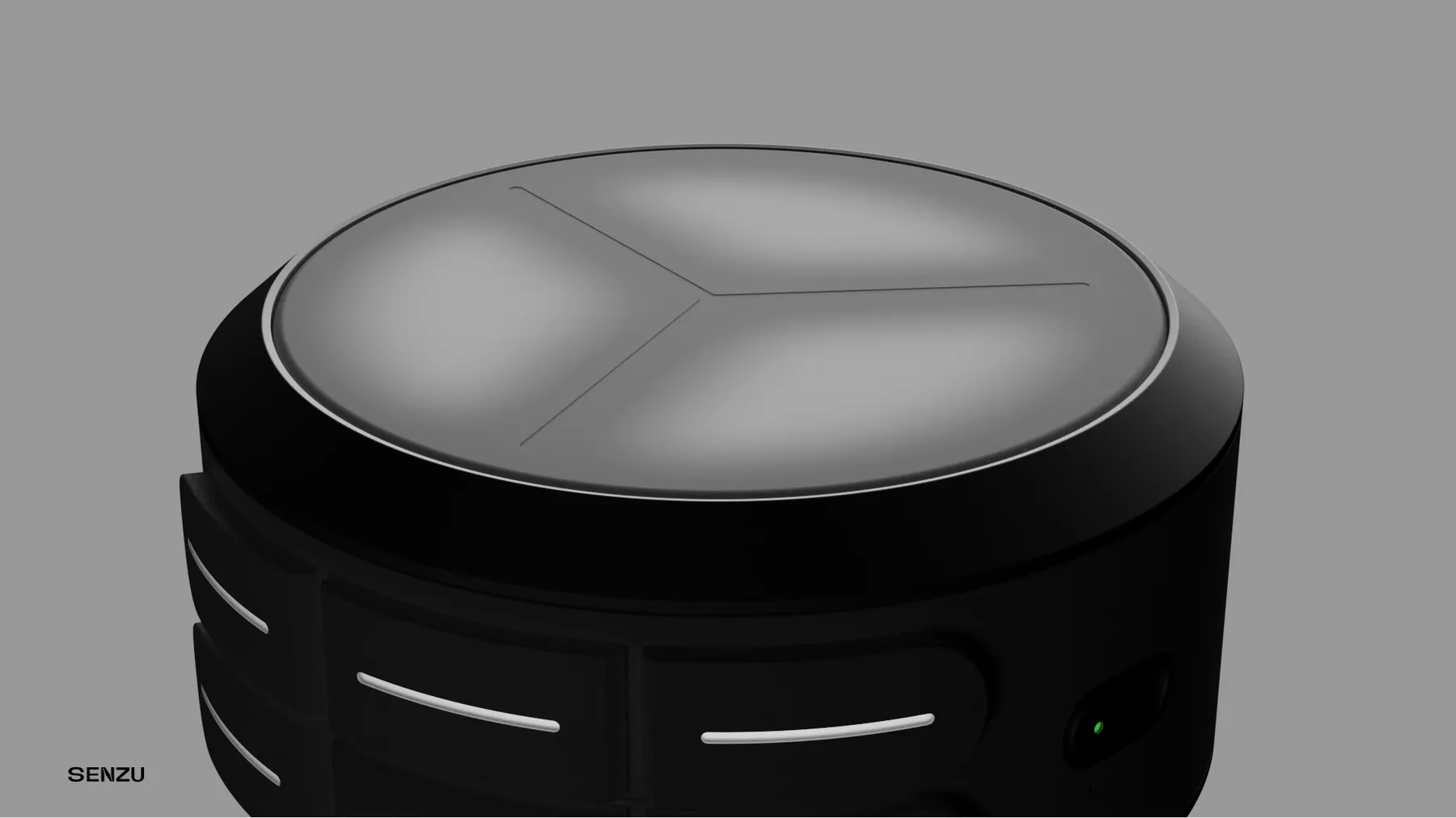Rendering of Senzu lying on its side, showing three drum surfaces divided into equal segments