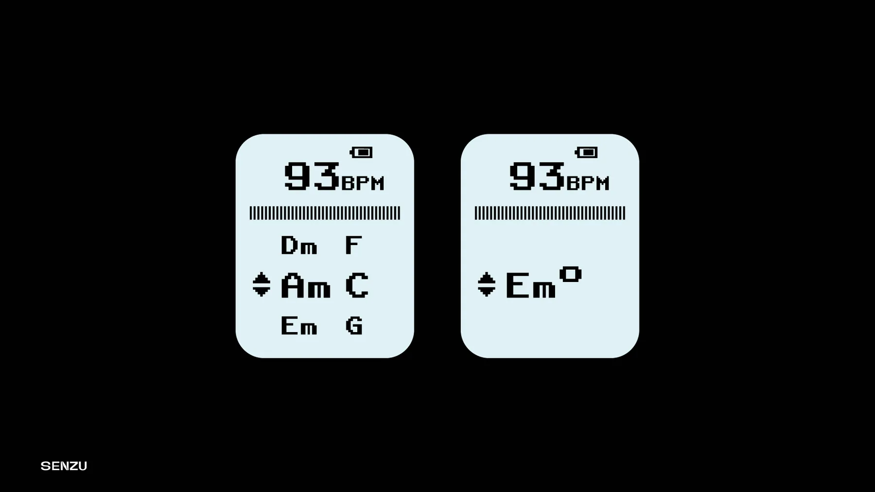 Two states of the small side display: 93 BPM with the chords Dm, F, Am, C, Em, G, and 93 BPM with a single chord Em