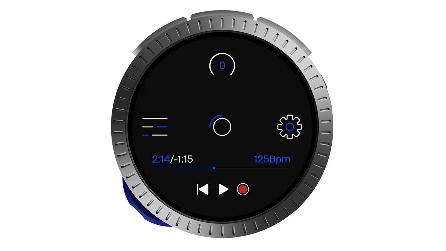 Touch display: home screen with modulator, settings, time, tempo and transport controls