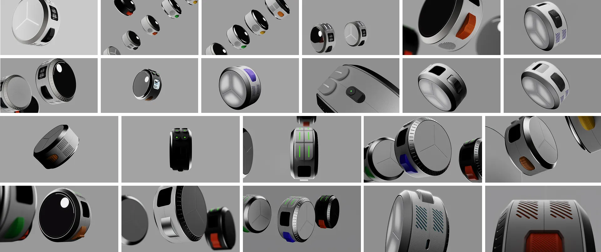 Grid of rendered form variants with different housings and colour accents