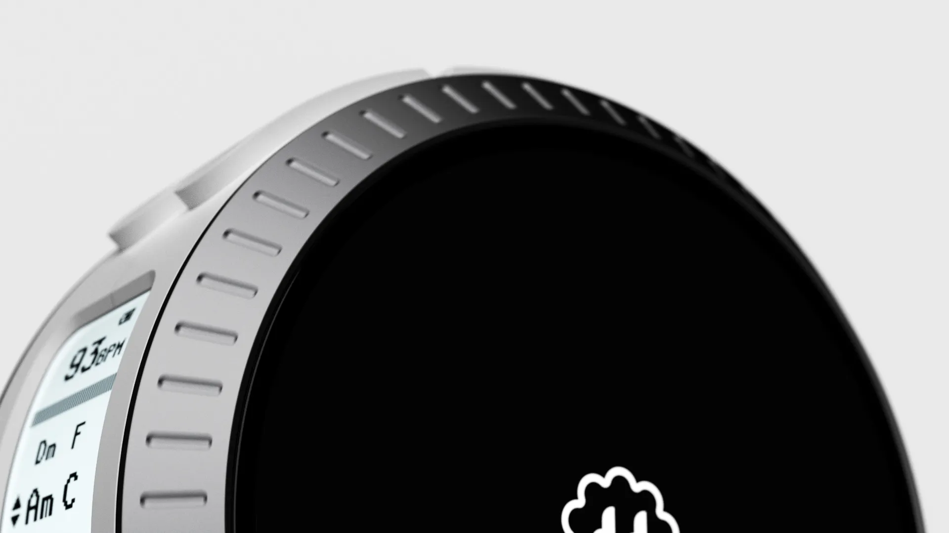 Render of the round touch display of Senzu with the small side display showing 93 BPM and chords