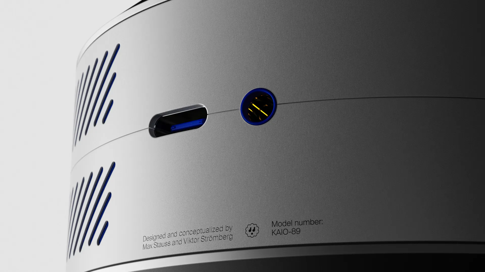 Render of the side of Senzu with a USB-C port and a 3.5 mm jack between rows of slots